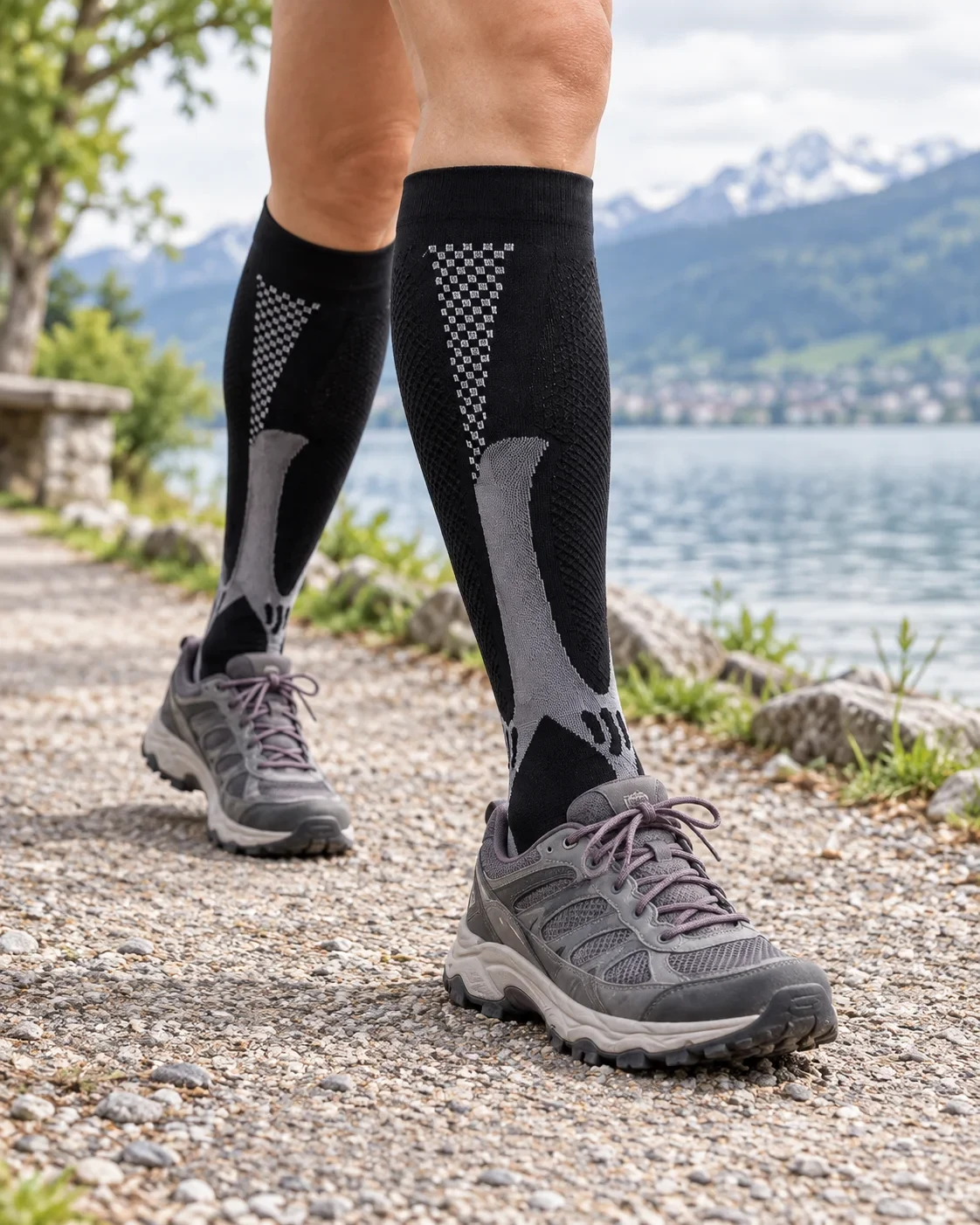 EnduroFlex Kompressionsstrümpfe beim Wandern am Bergsee