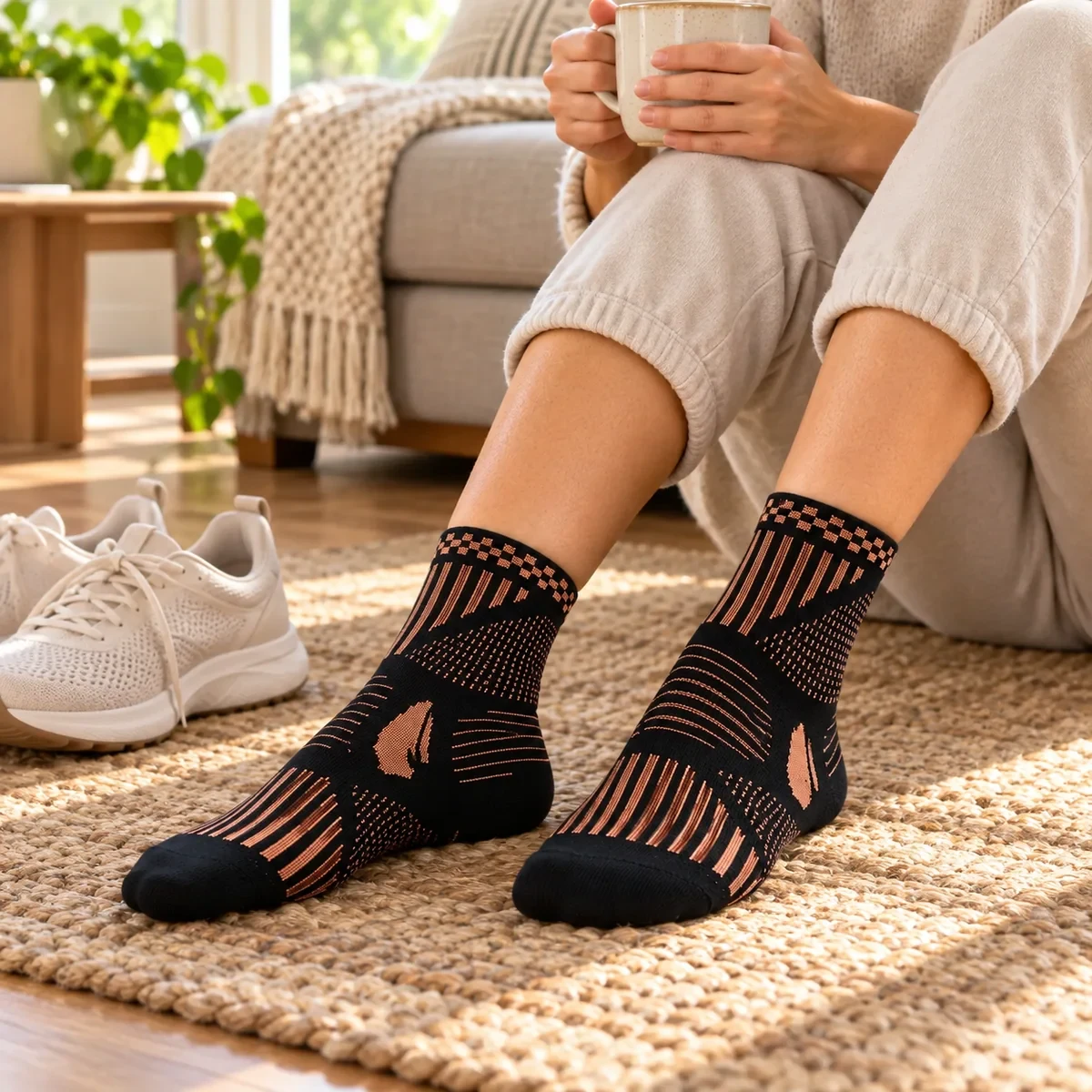 FlexiPro Knöchel-Kompressionssocken beim Entspannen auf dem Sofa