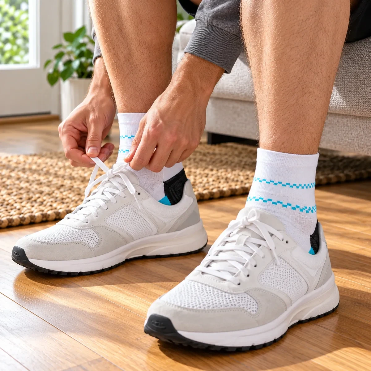 Weisse Kompressionssocken beim Anziehen der Sneaker