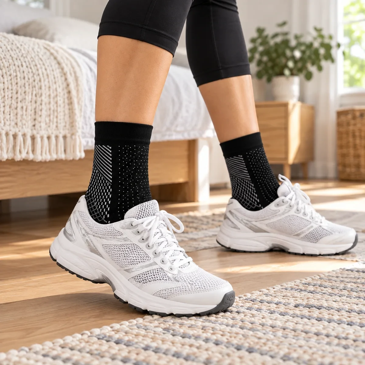 NeuroSocks Kompressionssocken beim Anziehen der Sneaker im Schlafzimmer